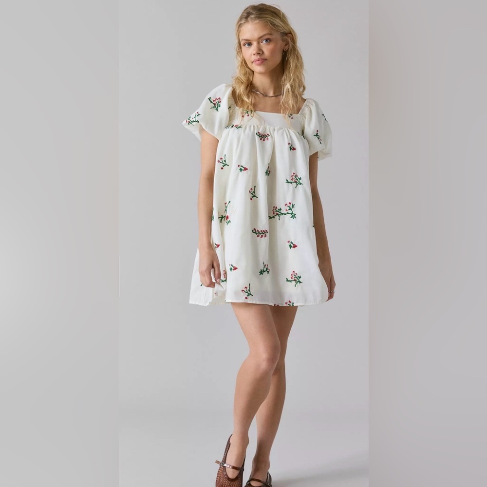 Daisy Street Embroidered Floral Puff Sleeve Babydoll Mini Dress size S